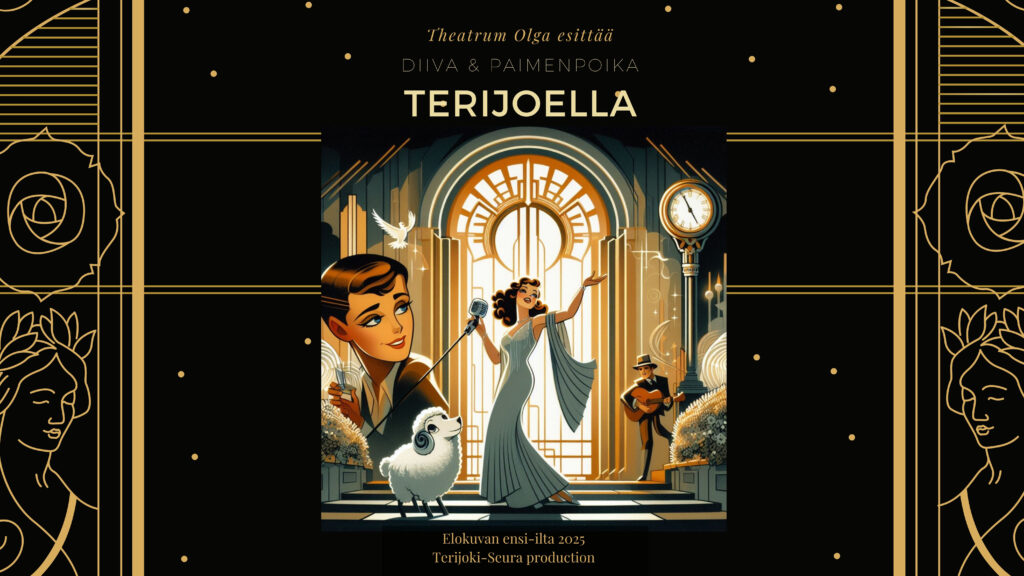 Piirretty art deco -henkinen elokuvajuliste, jonka keskellä nainen vihreässä mekossa laulamassa.